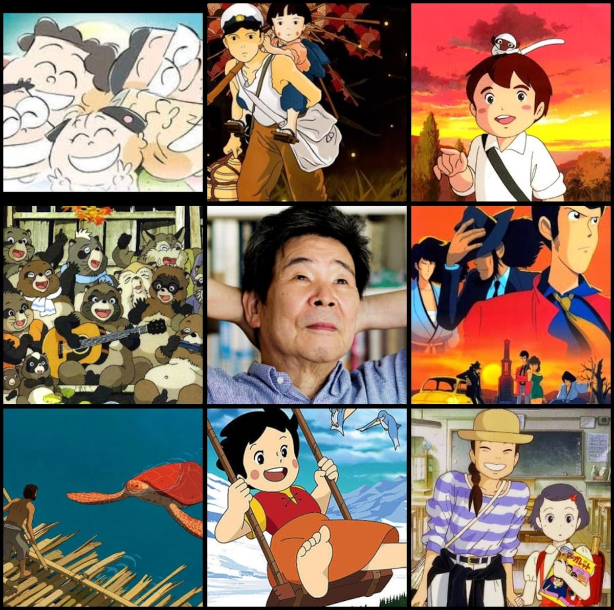 Takahata Isao en collage junto a varias de las producciones donde dirigió o participó, entre ellas Pom Poko y Heidi. //Foto tomada del blog Hey Japan What's Up?