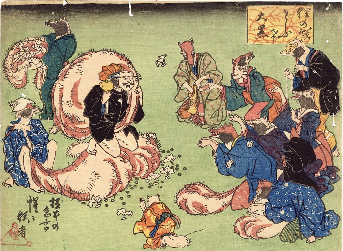 Tanuki vestidos de Daikoku (dioses de la buena suerte), ilustración de Kawanabe Kyosai.