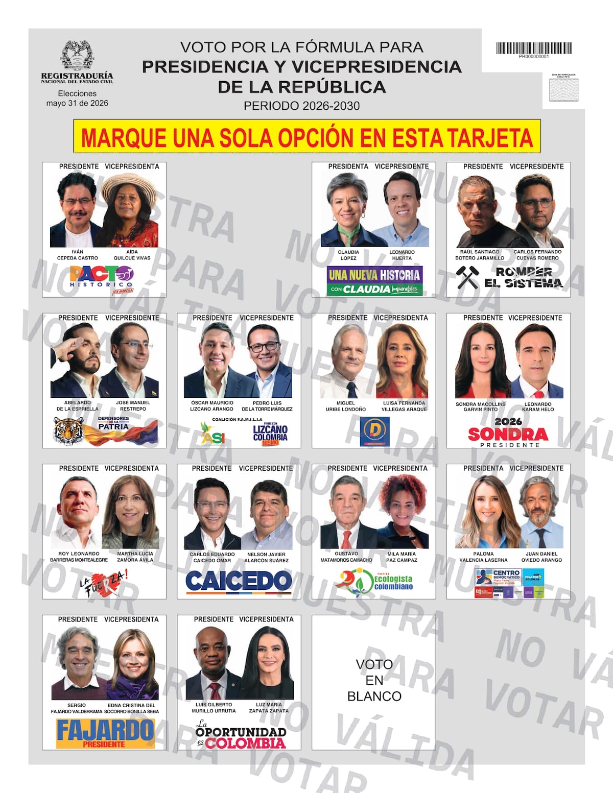Tarjetón electoral de las elecciones presidenciales 2026. // Foto: cortesía de la Registraduría Nacional del Estado Civil.
