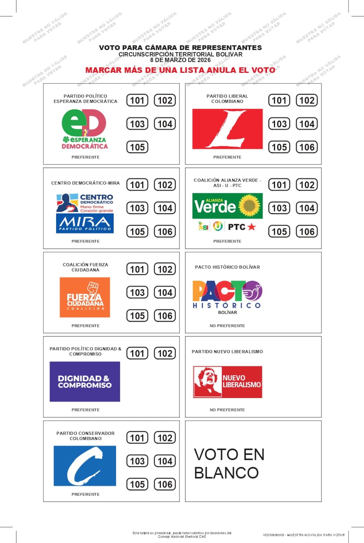 Tarjetón para votar a la Cámara de Representantes por Bolívar. // Registraduría Nacional del Estado Civil