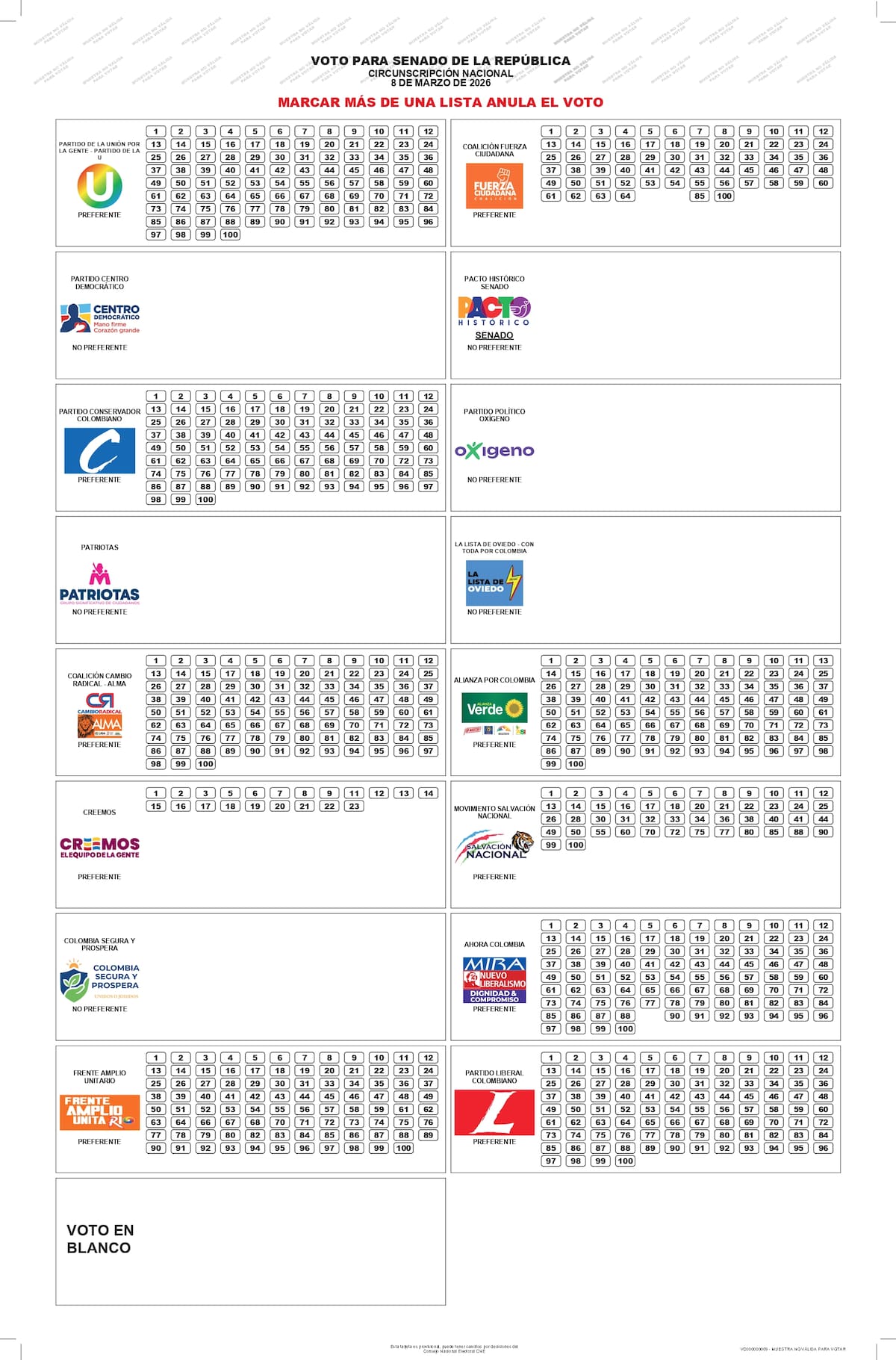 Tarjetón para votar a la Cámara de Representantes por Bolívar. // Registraduría Nacional del Estado Civil
