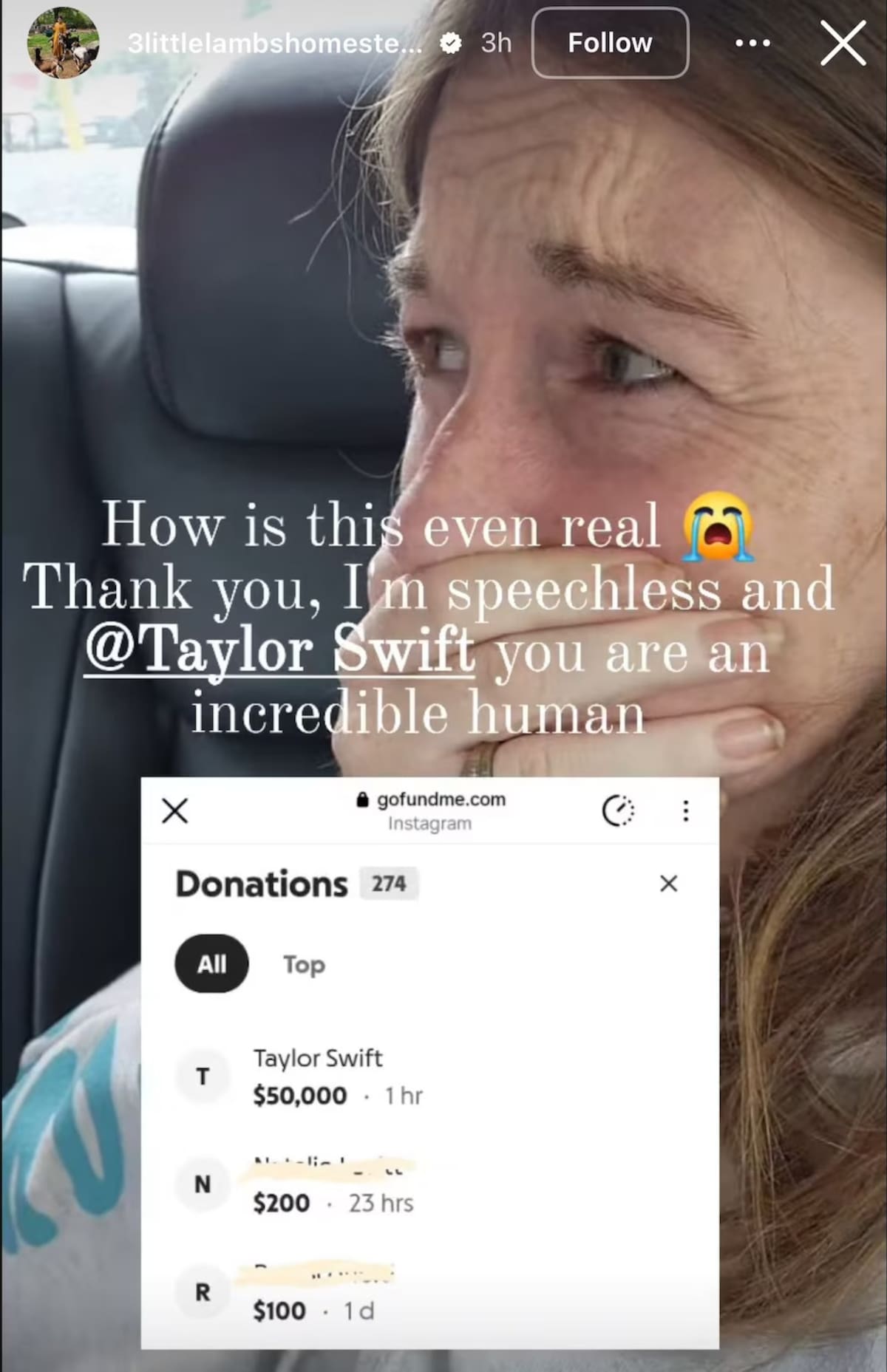 Donación de Taylor Swift a madre atropellada. //Foto: @3littlelambshomestead.