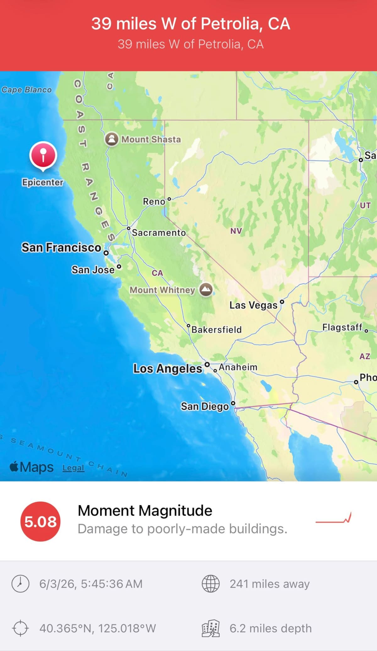 Temblor de magnitud 5.08 sacude a California. // Foto: cortesía George Barva.
