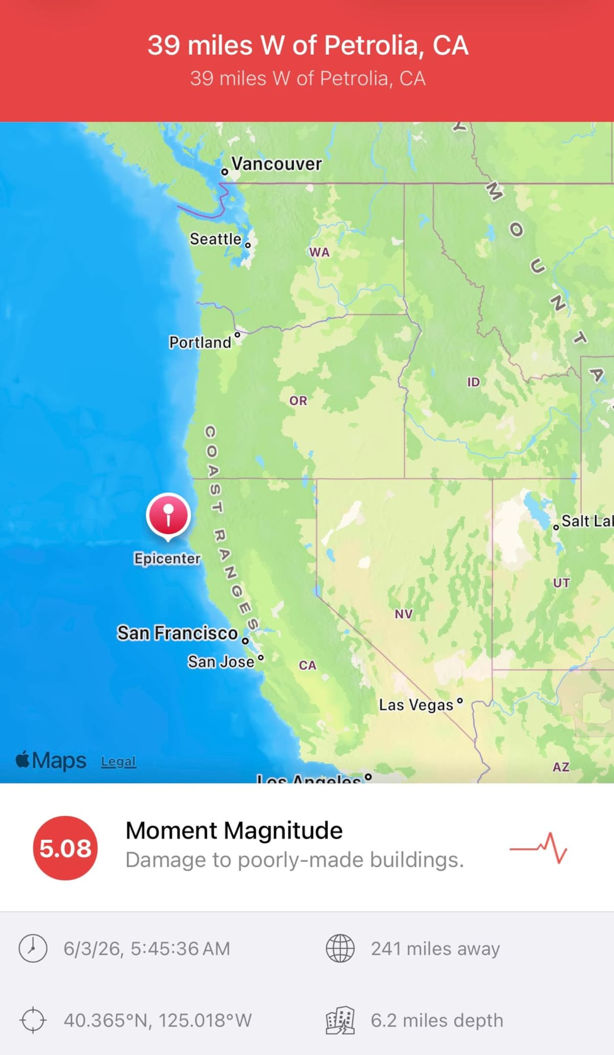 Temblor de magnitud 5.08 sacude a California. // Foto: cortesía George Barva.