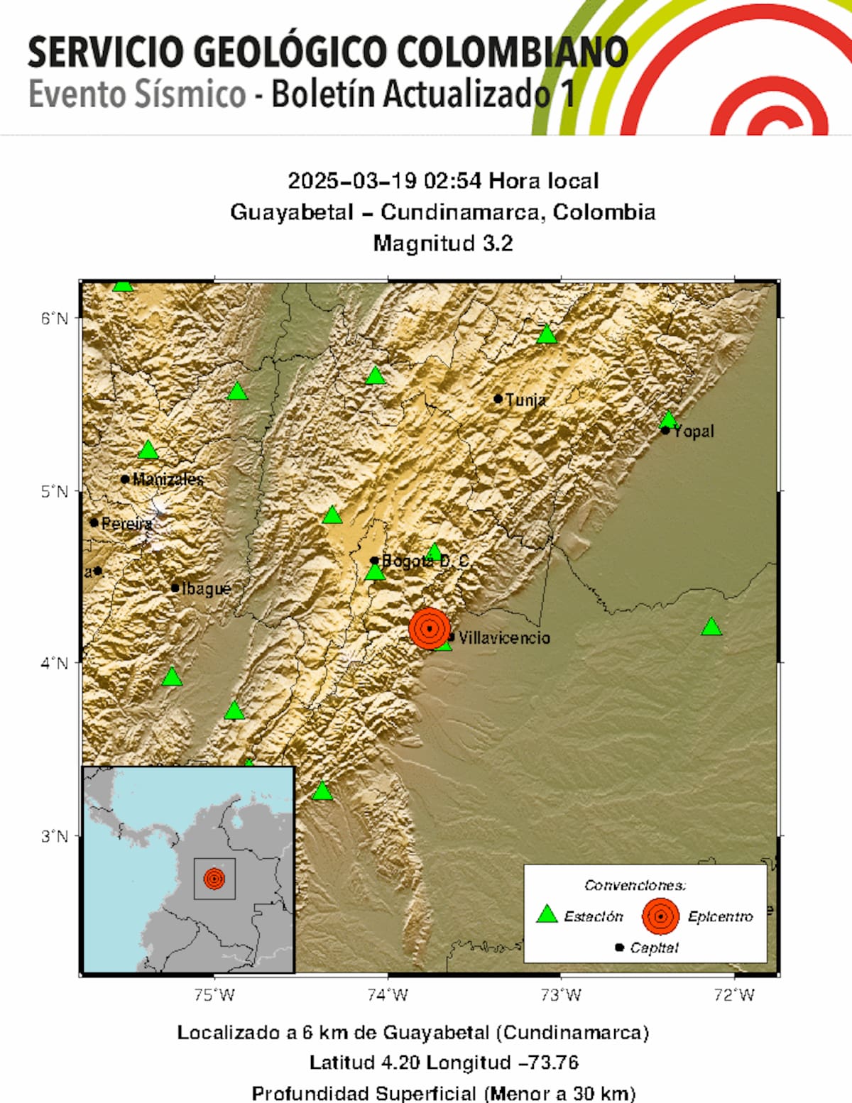 Imagen del reporte del nuevo temblor registrado hoy en Colombia. // Foto: Servicio Geológico Colombiano.