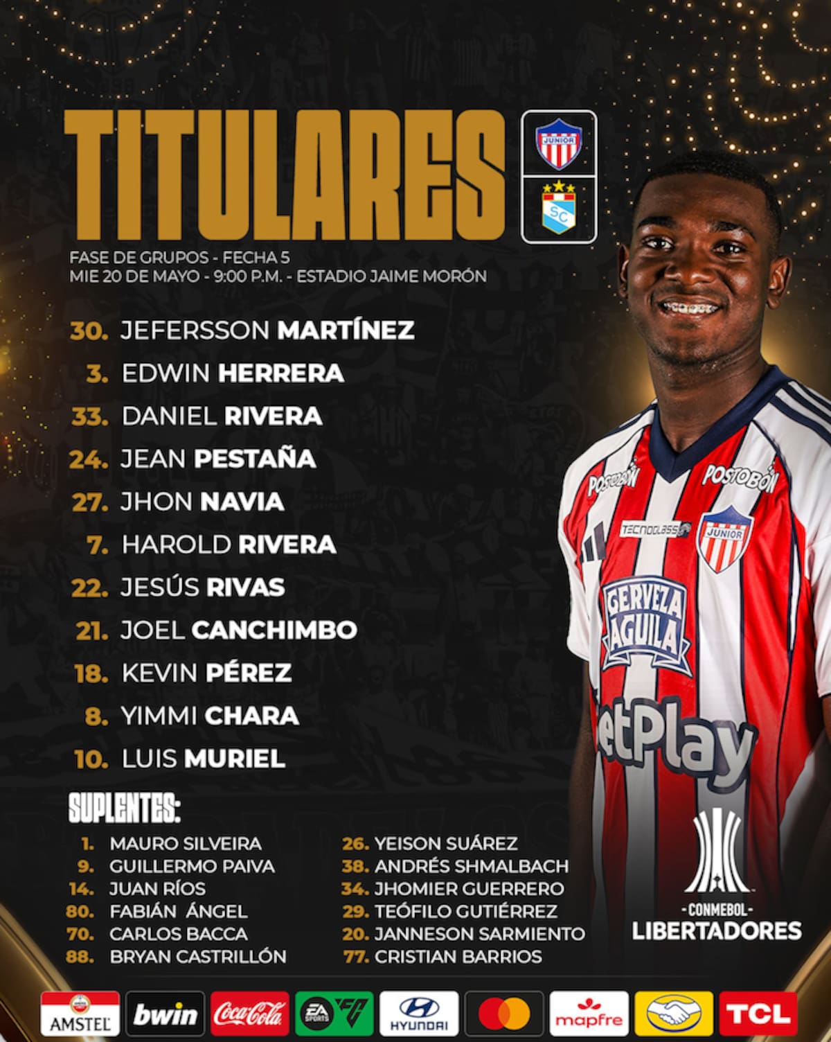 Estas es la nómina de titulares y suplentes de Junior ante Sporting Cristal del Perú.//Cortesía @JuniorClubSA.