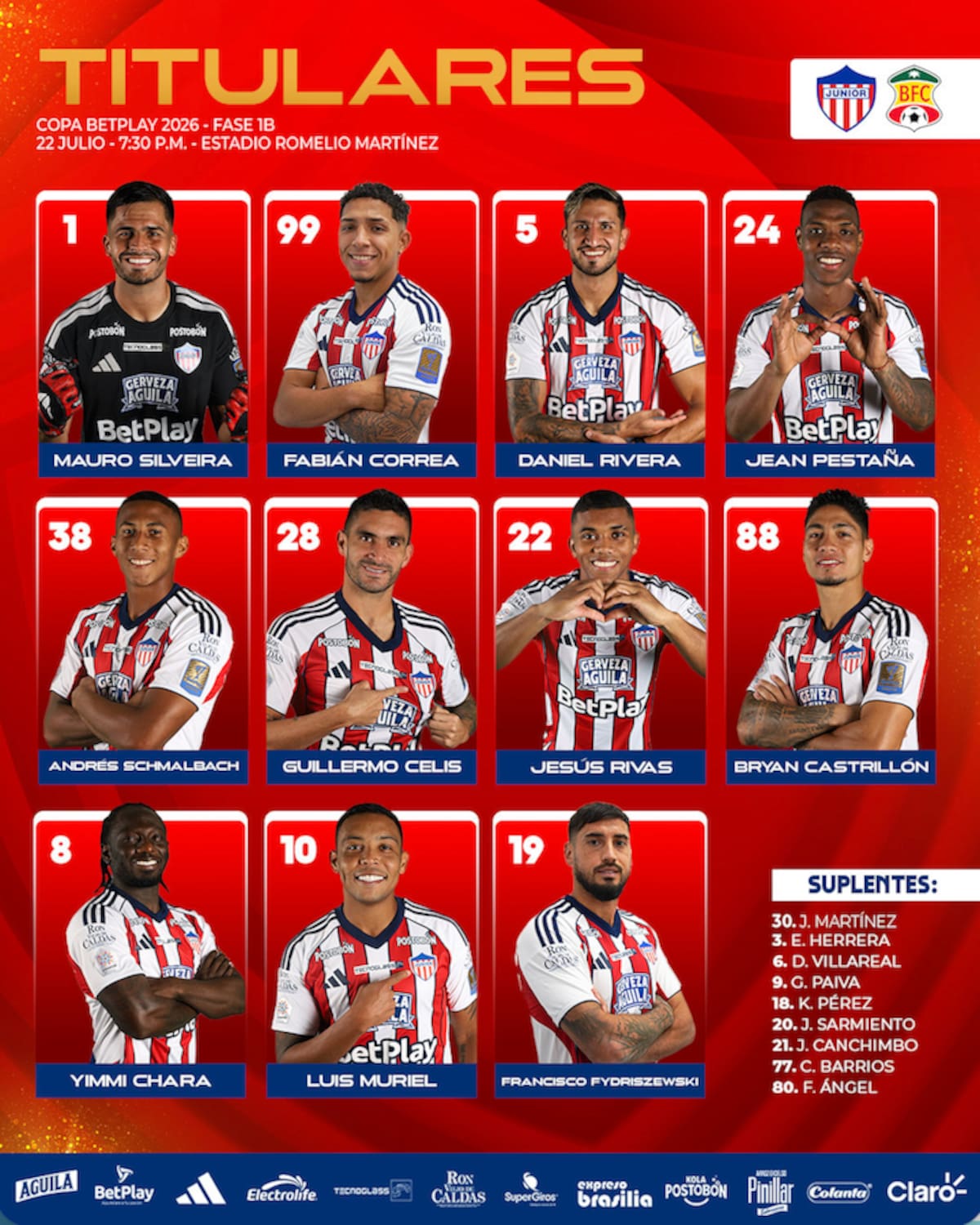 Esta es la lista de titulares y suplentes del Junior FC para enfrentar al Barranquilla FC.//Cortesía @JuniorClubSA.