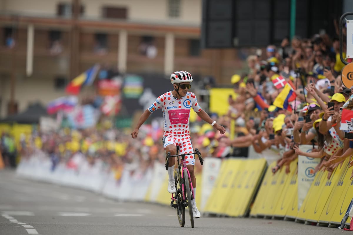 El ecuatoriano Richard Carapaz celebra al cruzar la meta y ganar la vigésima etapa del Tour de Francia. //Foto, AP: Mosa'ab Elshamy