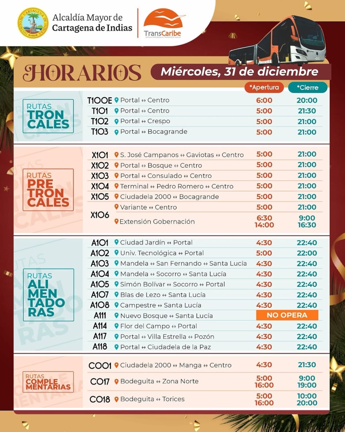 Así funcionará transcaribe el día 31 de dicembre de 2025. // Foto: cortesía - Transcaribe.