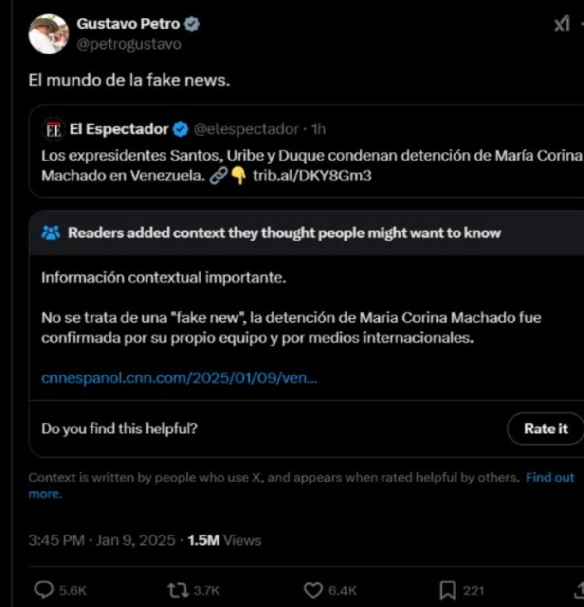 Gustavo Petro reaccionó a la noticia de arresto de María Corina Machado. // Foto de X