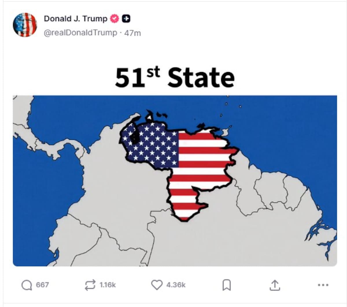 Imagen difundida este martes en la cuenta de Truth Social @realDonaldTrump del presidente de EE.UU., Donald Trump, de un mapa de Venezuela con la bandera de Estados Unidos y un texto que la identifica como el estado 51. // Foto: EFE - @realDonaldTrump