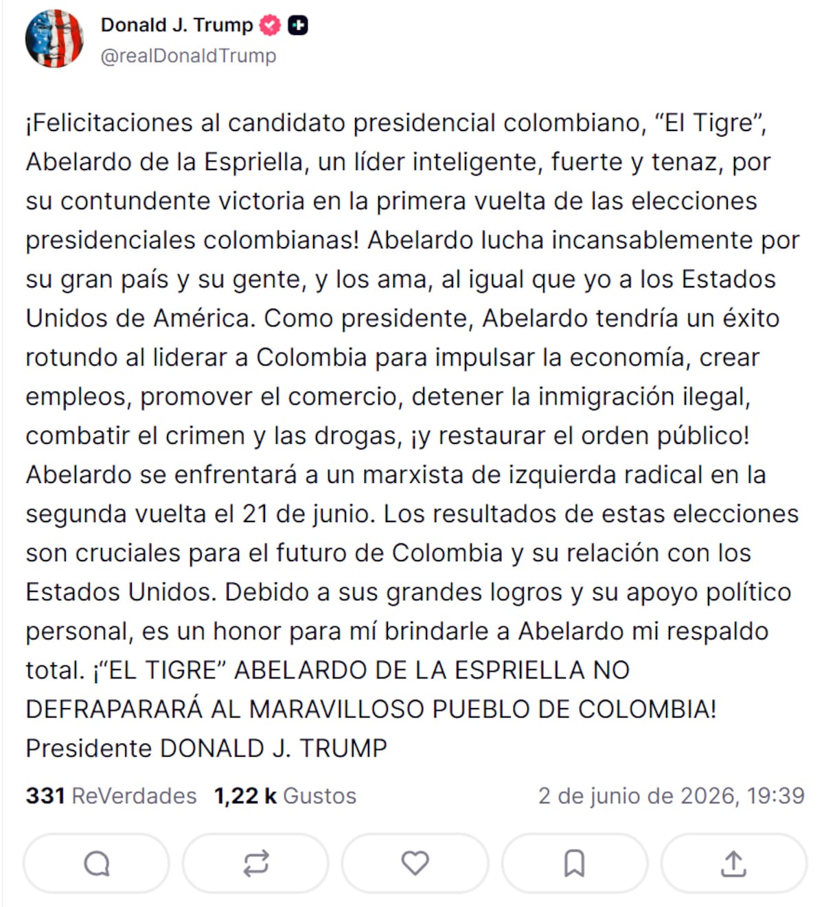 Donald Trump felicitó este martes al candidato presidencial de ultraderecha de Colombia, Abelardo de la Espriella, por su victoria en la primera vuelta de las elecciones. // Foto: captura de pantalla de Truth Social @realDonaldTrump.