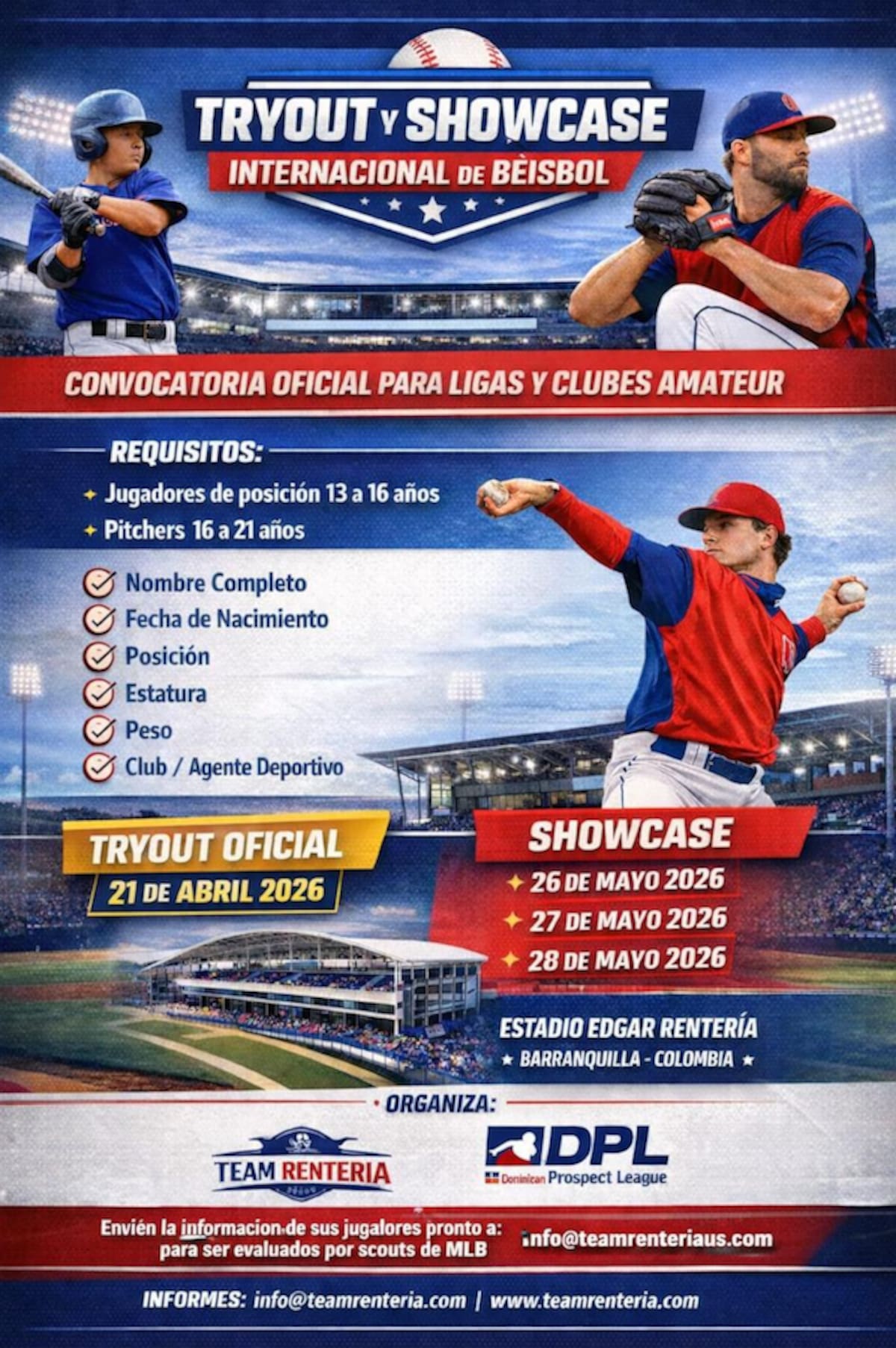 Este es el desglose de las actividades que se realizarán durante el Tryout y Showcase Internacional de Béisbol en Barranquilla.//Cortesía Team Rentería.