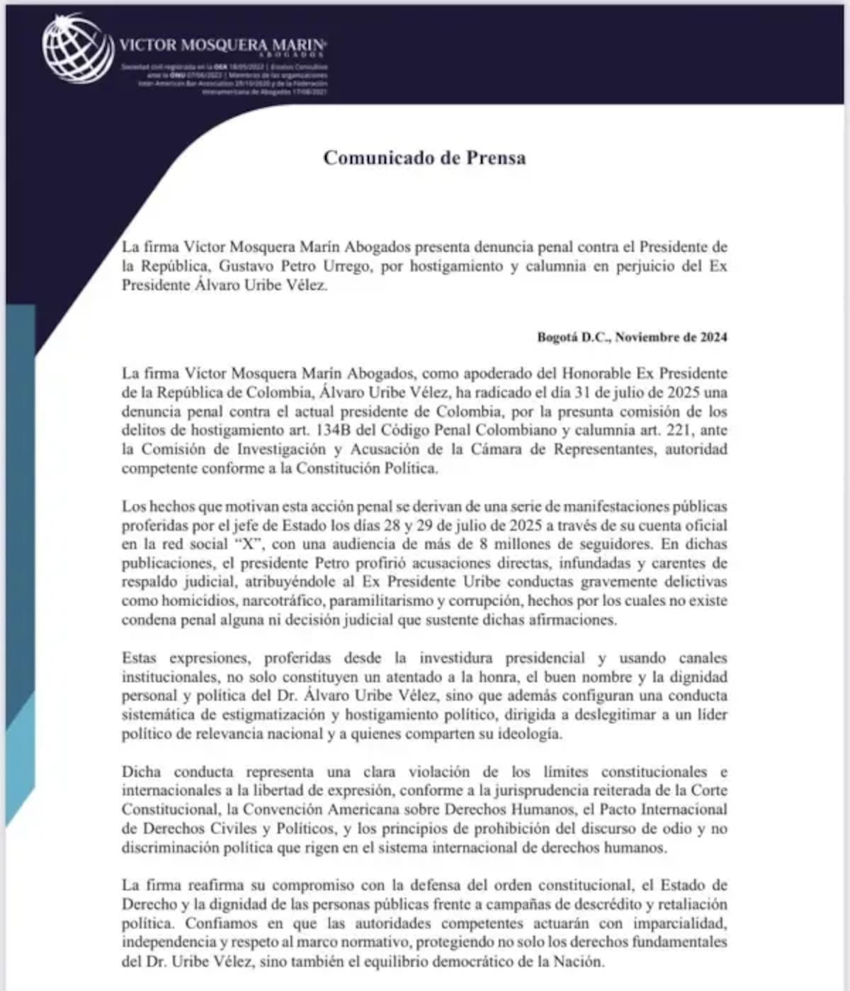 Uribe denuncia a Petro ante la Comisión de Acusaciones por calumnia. // captura de pantalla de la denuncia