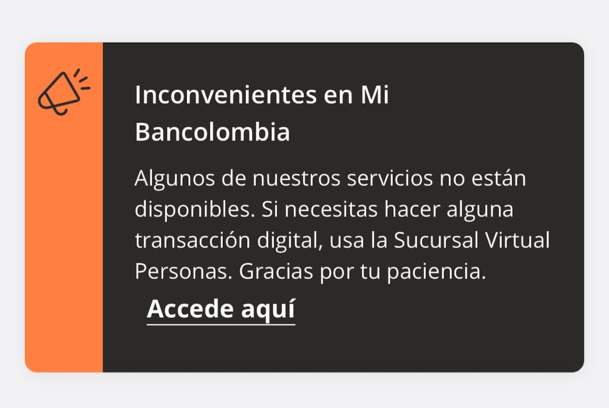 Usuarios reportan nueva caída en la aplicación de Bancolombia este martes. // captura de pantalla