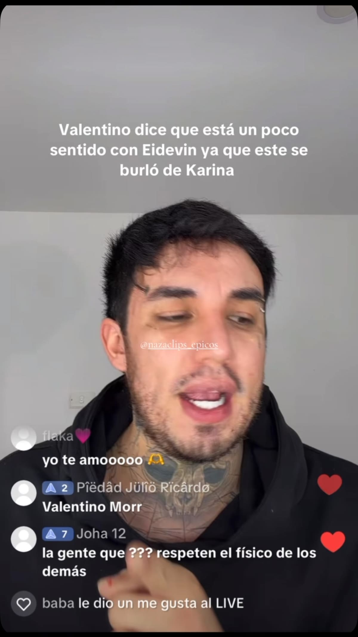 El exparticipante de ‘La casa de los famosos’ defendió la publicación que generó el desacuerdo y cuestionó que el bailarín opinara sobre el tema.// Foto tomada de IG: @naxarethflorez @valentinolazaroh