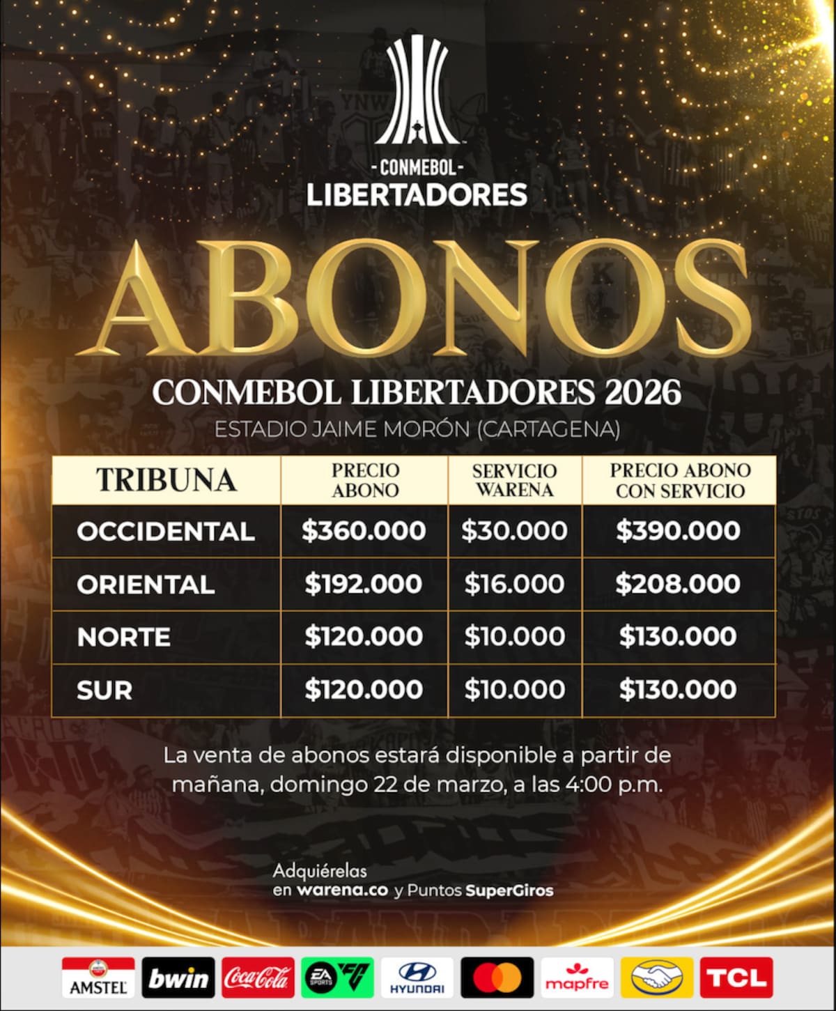 Este es el valor de los abonos para los partidos que Junior disputará por Copa Conmebol Libertadores en el estadio Jaime Morón de Cartagena.//Cortesía @JuniorClubSA.