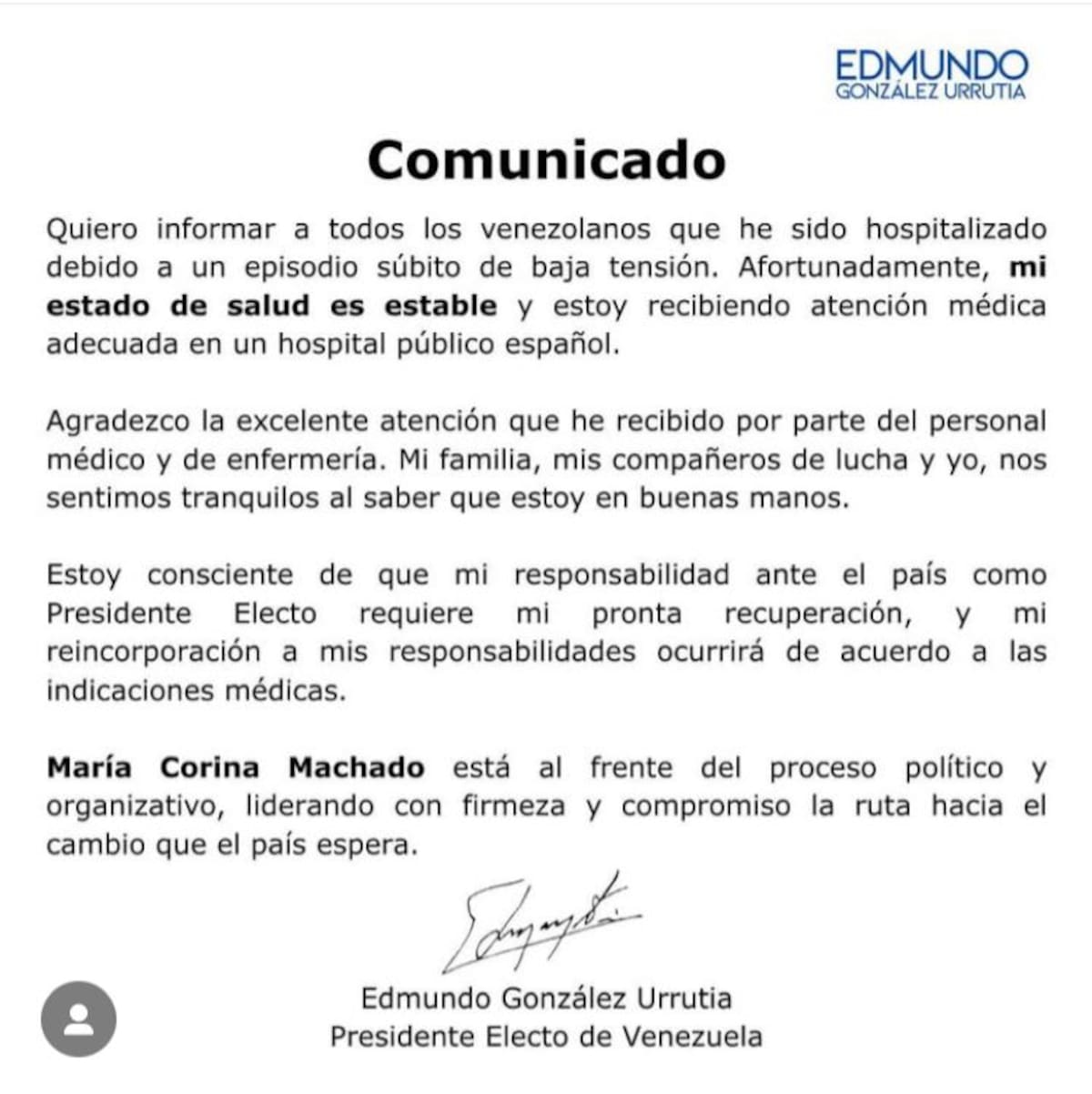 Venezolano Edmundo González hospitalizado en Madrid por salud. // tomada de Instragam