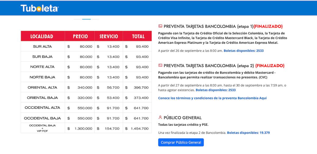 En la página de la Federación Colombiana de Fútbol aparece este cuadro de las boletas que aún restan por vender para el partido entre Colombia y Chile.//Captura.