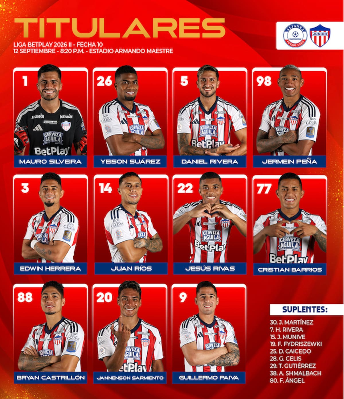 Formación de Junior de Barranquilla para el juego de este sábado ante Alianza Valledupar.//Cortesía @JuniorClubSA.