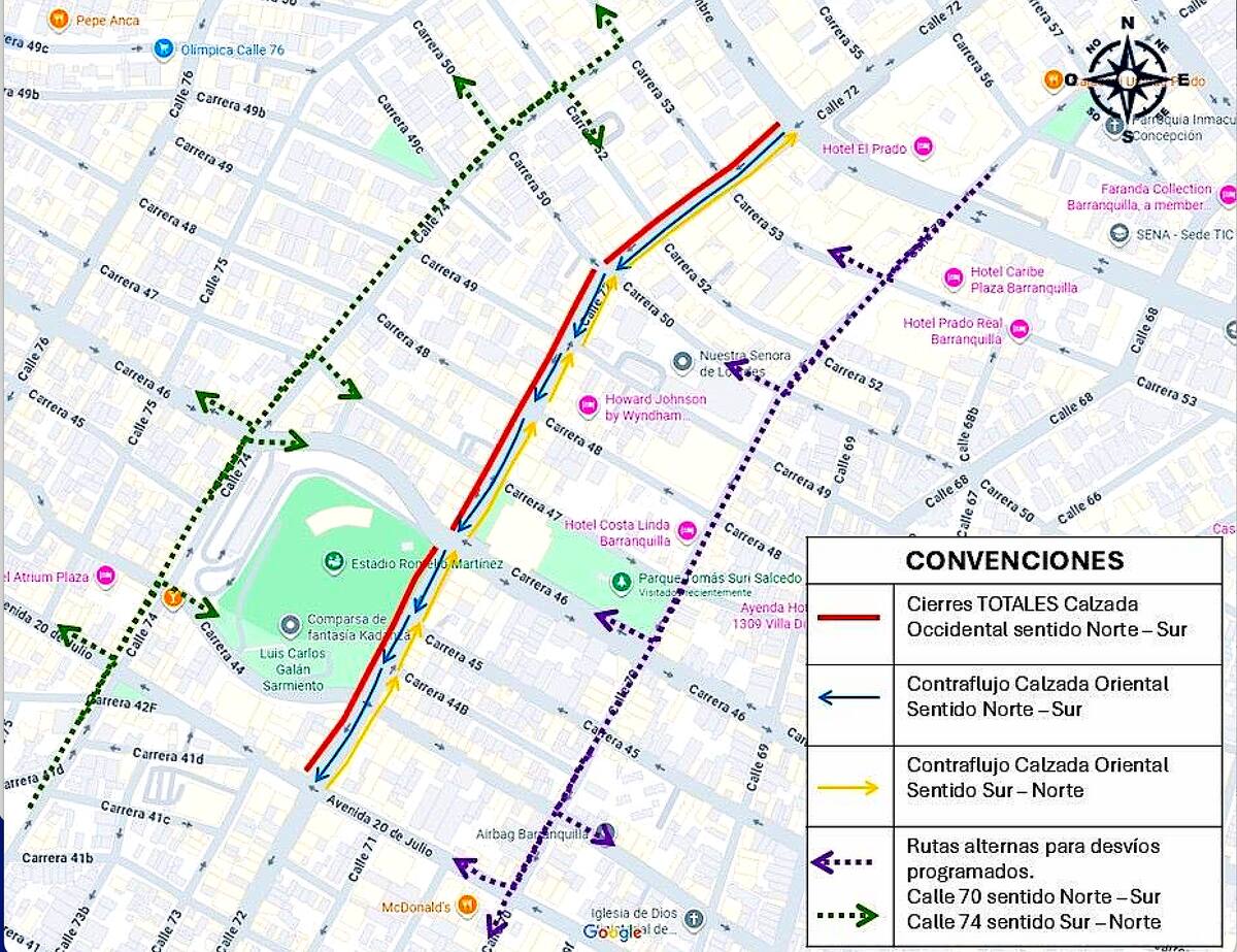Este es al mapa de los sitios que tendrá cierres viales por la visita del presidente Gustavo Petro a Barranquilla.//Cortesía.