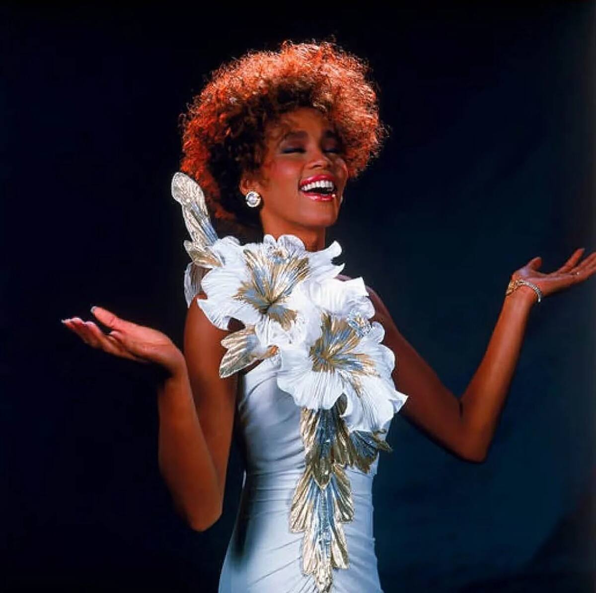 Whitney Houston con una versión del vestido de dos flores. Arista Records/BMG Entertainment