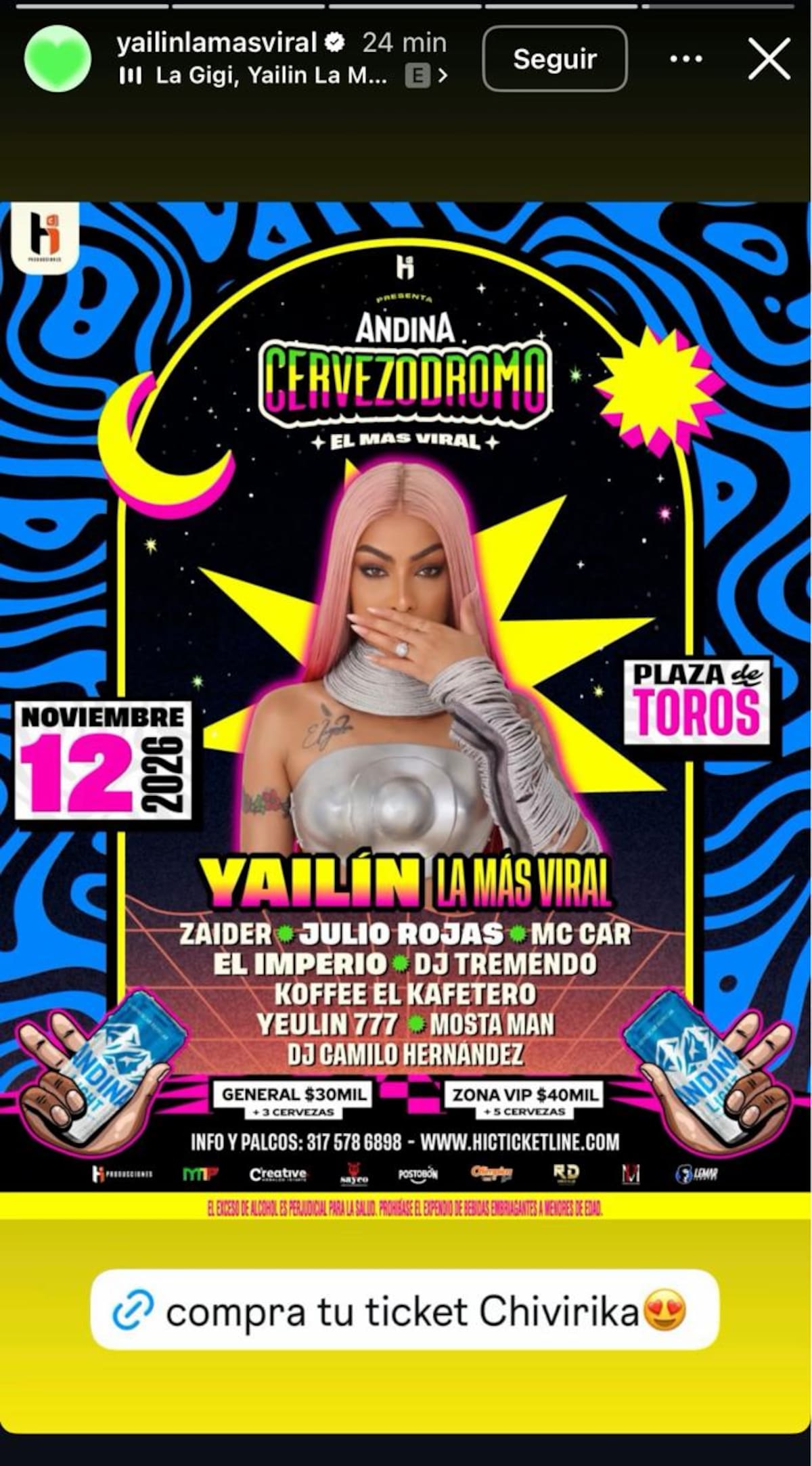 Yailin ‘La Más Viral’ anuncia en su Instagram su concierto en Cartagena. //Foto: captura de pantalla.