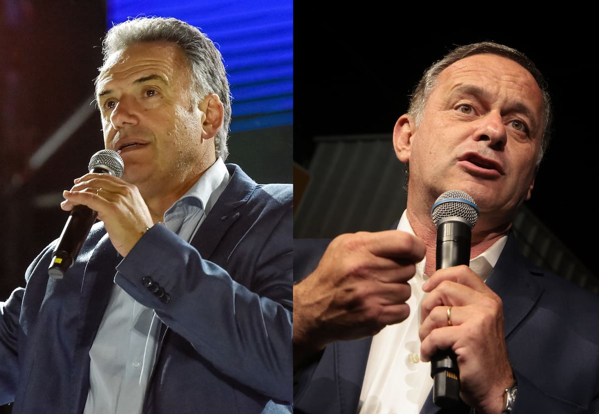Combo de fotografías de archivo del 22 de octubre de 2024 de los candidatos presidenciales, por el Frente Amplio, Yamandú Orsi (i), y por el Partido Nacional, Álvaro Delgado, durante actos de campaña en Uruguay. EFE/ Federico Gutiérrez / Gastón Britos