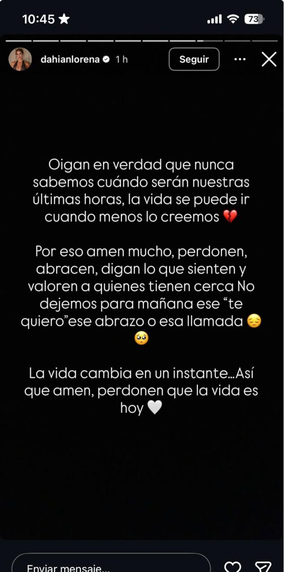 Reflexión de Yaya Muñoz tras el terremoto en Colombia. //Foto: Captura de pantalla IG@dahianlorena