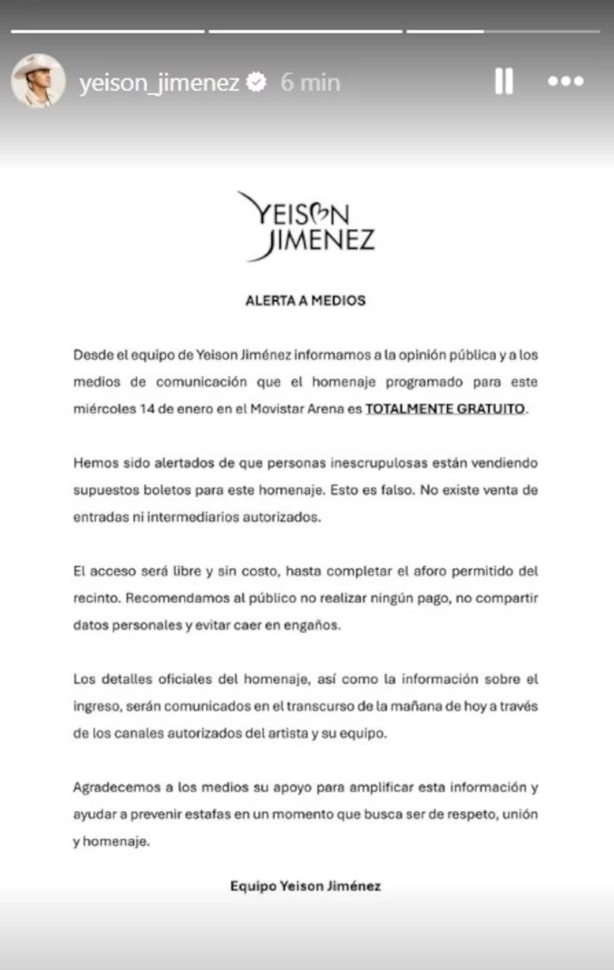 Equipo de Yeison Jiménez anuncia homenaje en el Movistar Arena. //Foto: IG @yeison_jimenez.