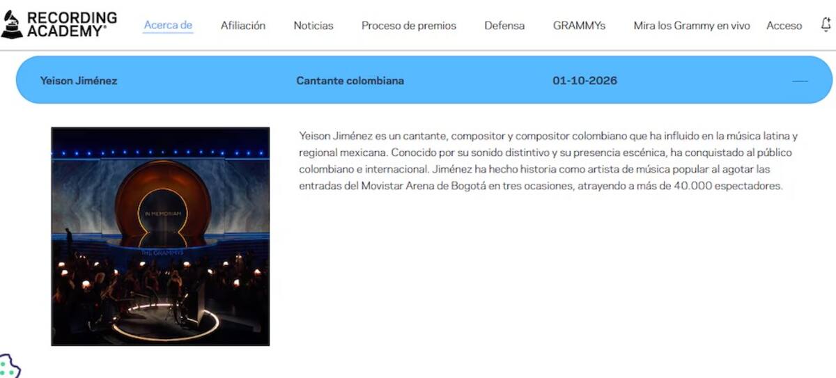 Homenaje de los Premios Grammy a Yeison Jiménez. //Foto: captura de pantalla.