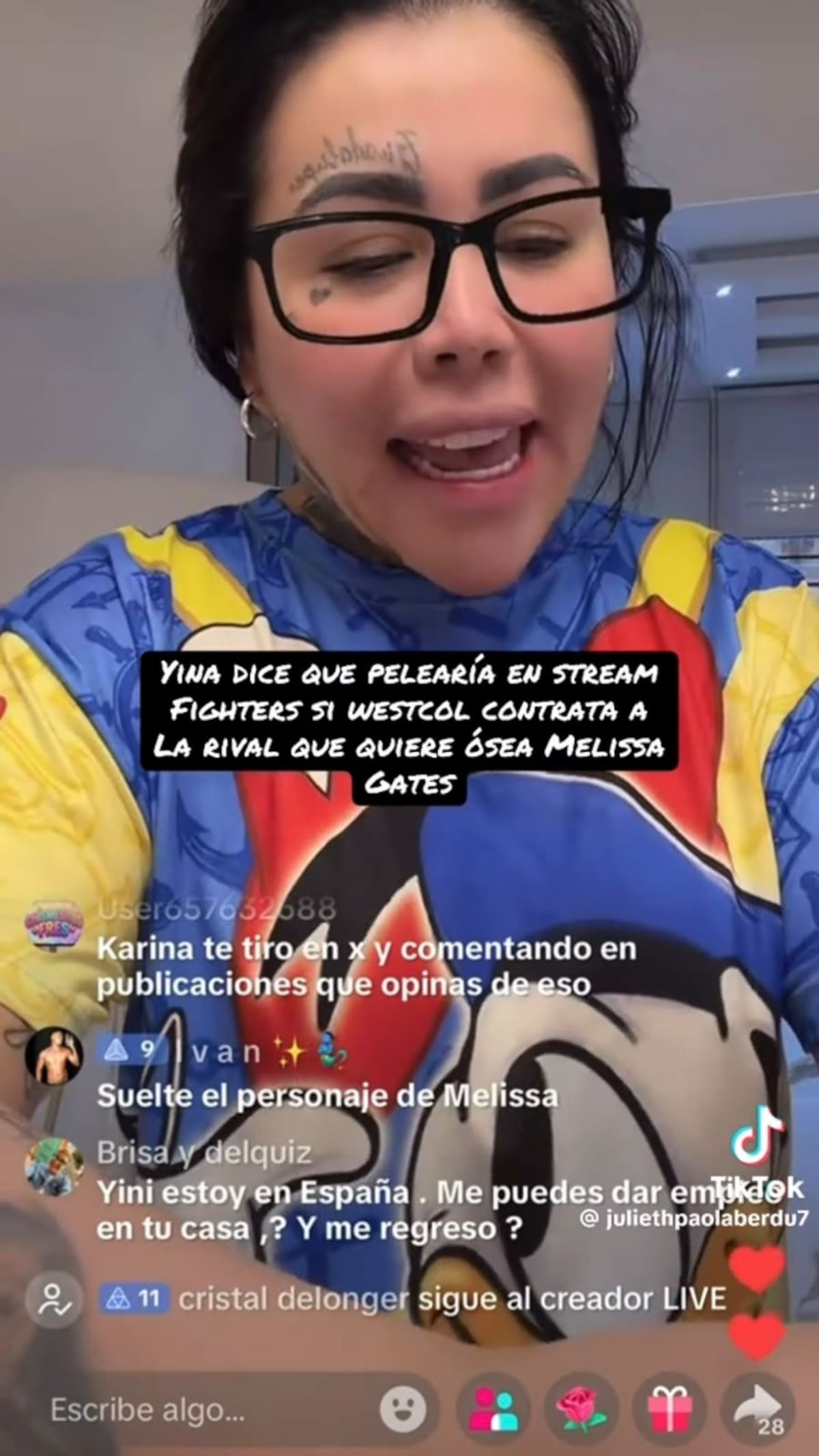 Yina habló de una posible pelea y aseguró que le gustaría escoger a su rival. Sus palabras fueron relacionadas con Melissa Gate, quien no tardó en reaccionar//Foto tomada de Tk: @yinacalderonguaracha